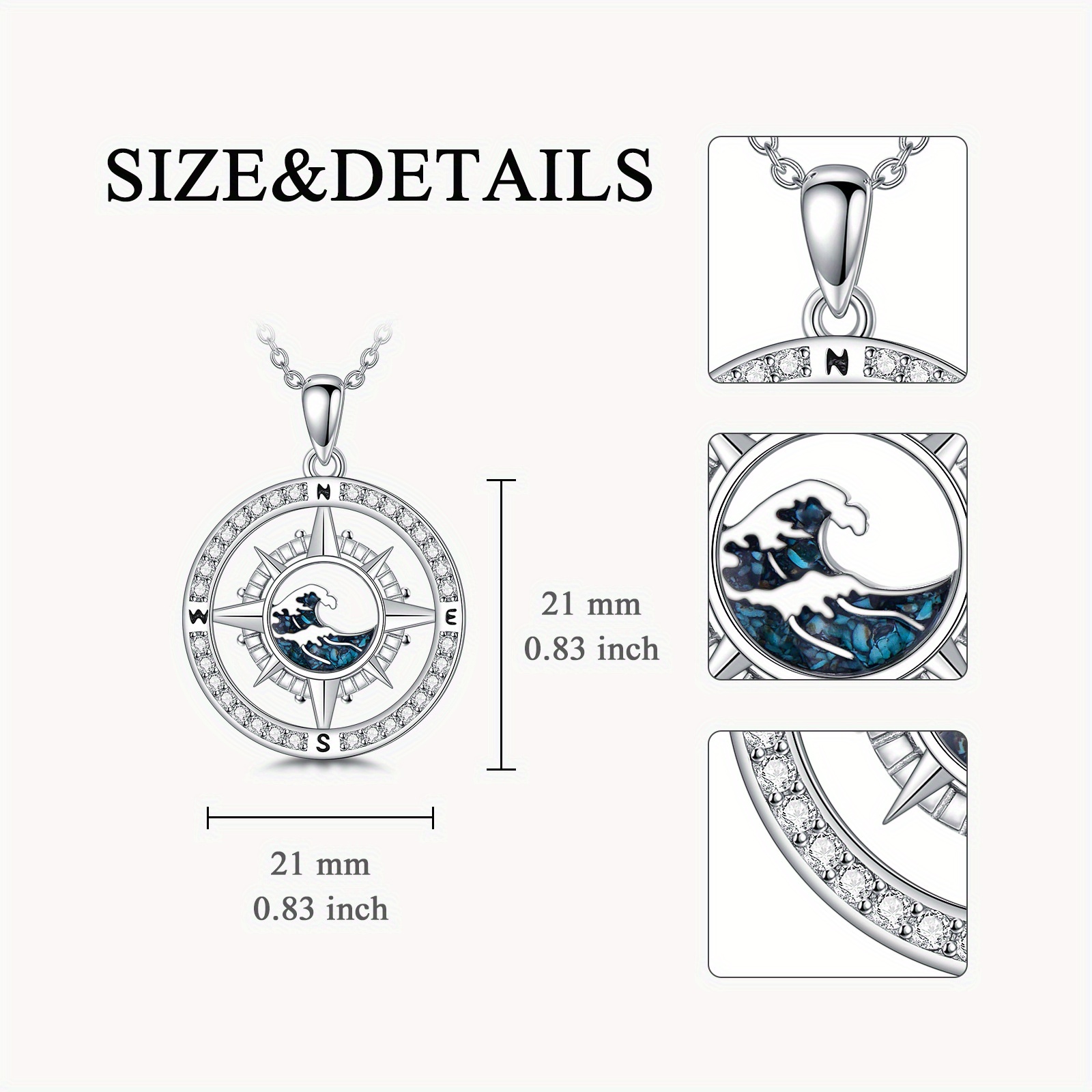 Compass Necklace 925 Sterling Silver Turquoise Wave Pendant